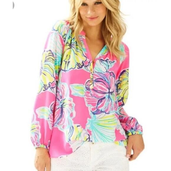 Lilly Pulitzer Elsa Silk Blouse Kir Royal Pink Swept by Tides Tropical S WT149 - Picture 1 of 6